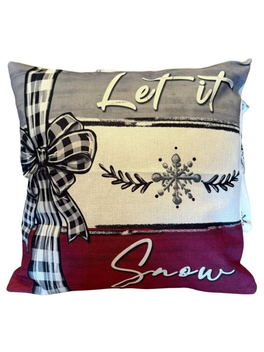 Pillow Cover 17x17 Let It Snow Plaid Bow Snowflake Red Gray Winter Farmhouse Dec